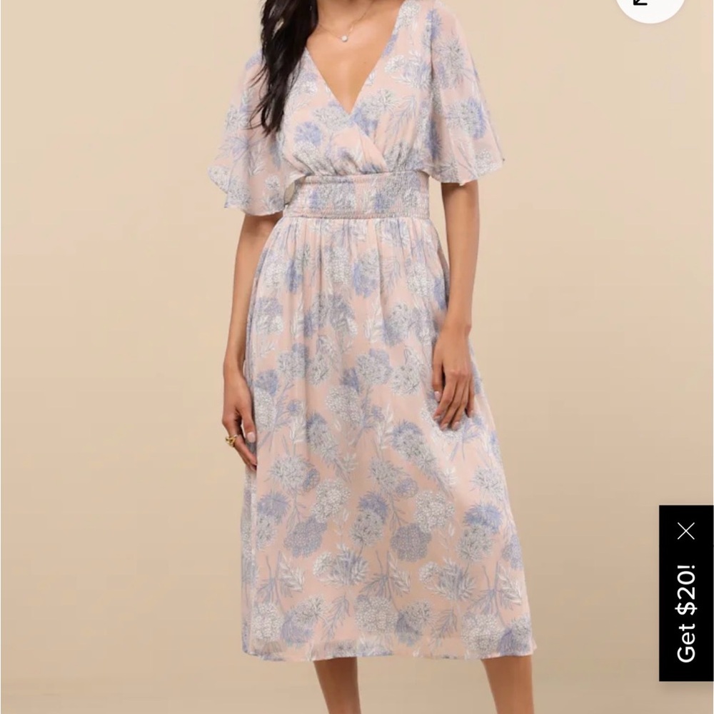 Floral V-Neck Midi Dress in Beige and Blue